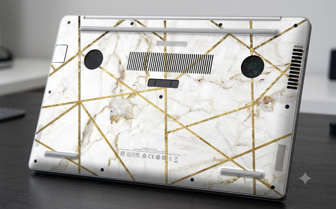 White marble with geometric gold lines - Laptop Skin