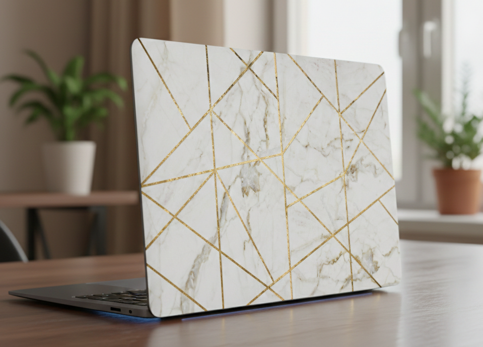 White marble with geometric gold lines - Laptop Skin