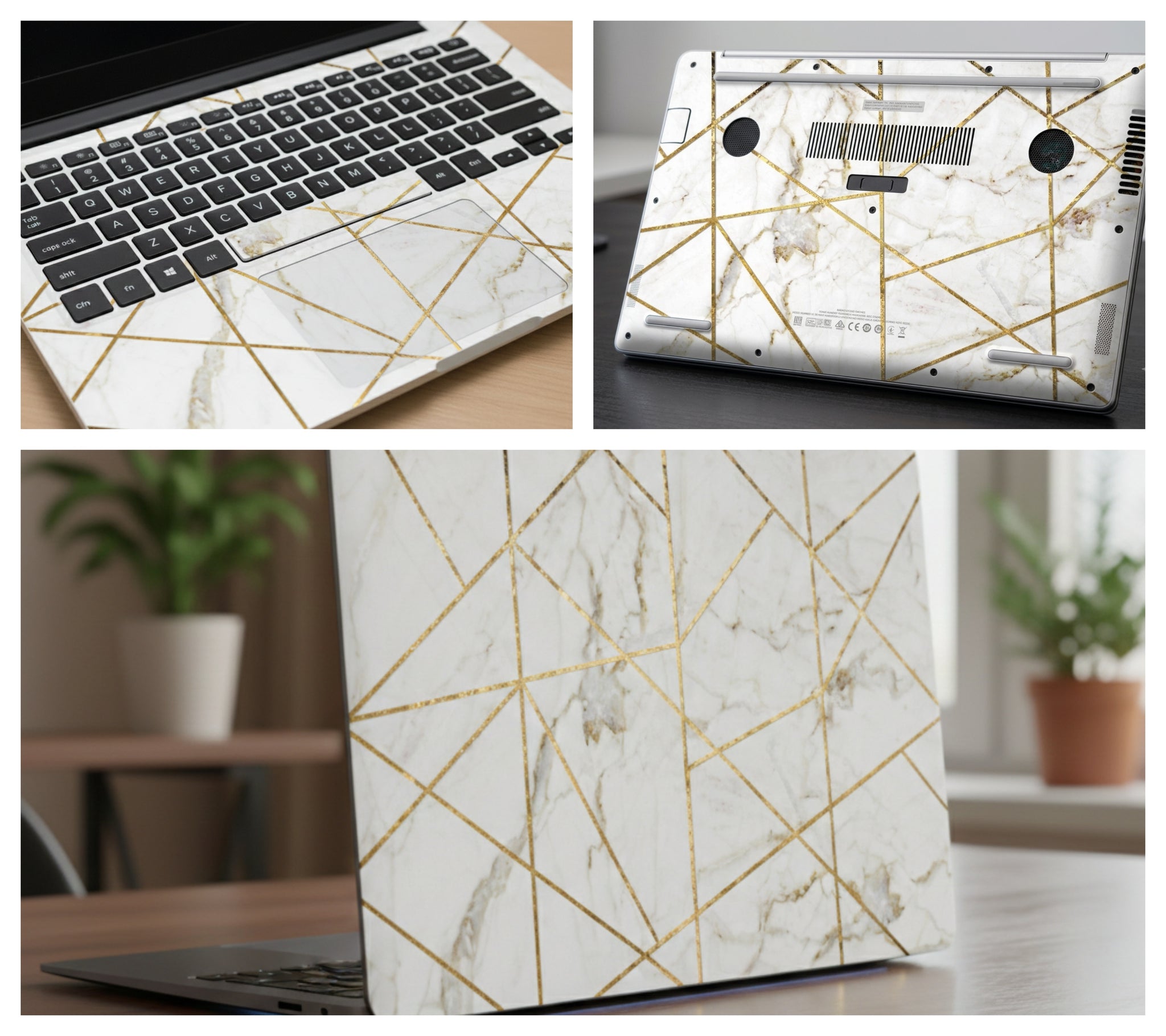 White marble with geometric gold lines - Laptop Skin