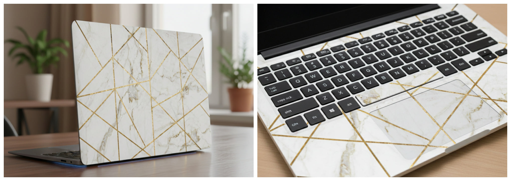 White marble with geometric gold lines - Laptop Skin