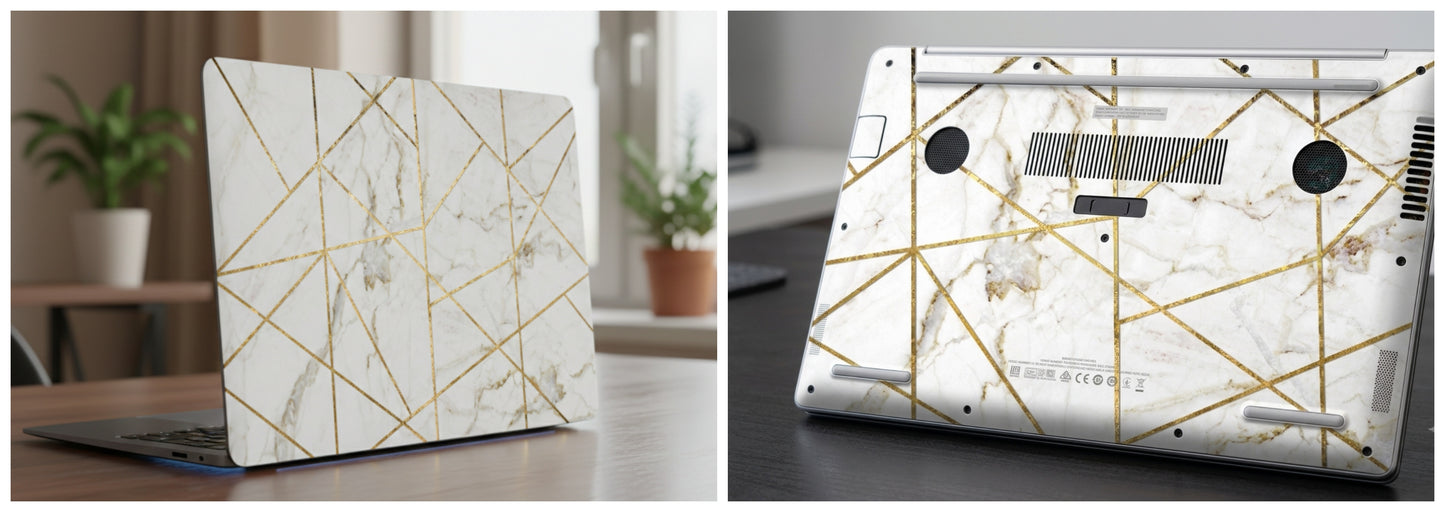 White marble with geometric gold lines - Laptop Skin