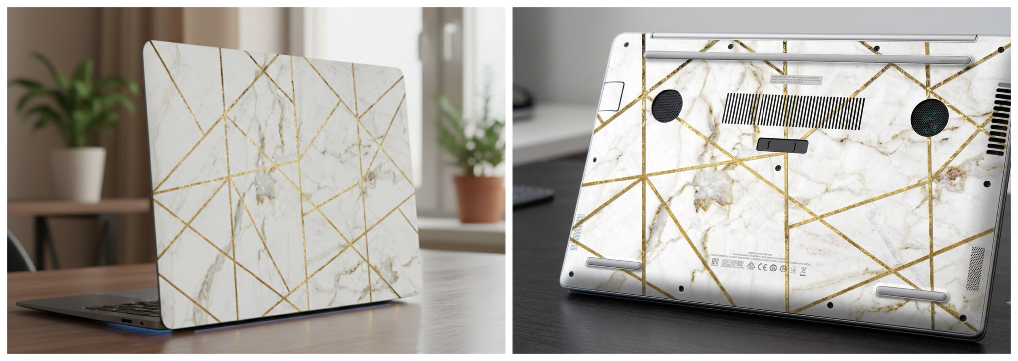 White marble with geometric gold lines - Laptop Skin